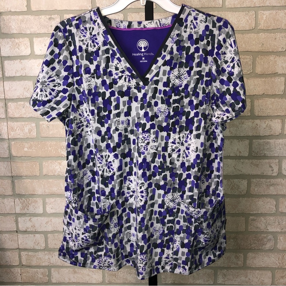 Healing Hands Grosgrain Ribbon V-Neck purple short sleeve scrub top